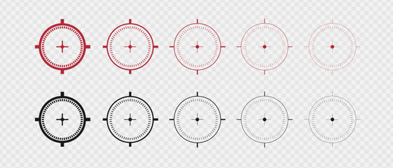 Naklejka premium Target and aim icon. Aim gun big set. Red Crosshair. Shooting of firearms. Precisely target. Different size aim