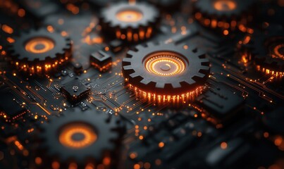 Abstract background of gears, computer circuits and data segments.