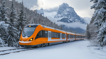 Crossing the snow covered forest tourist train in Jungfrau of the Alps background, Switzerland.