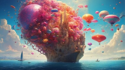 Colorful spaceship and planet