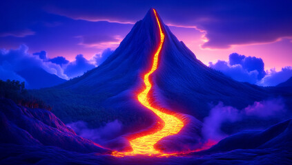 stunning mountain peak with glowing, crackling lava trail flows down its side, illuminated by vibrant sunset. scene evokes sense of awe and wonder
