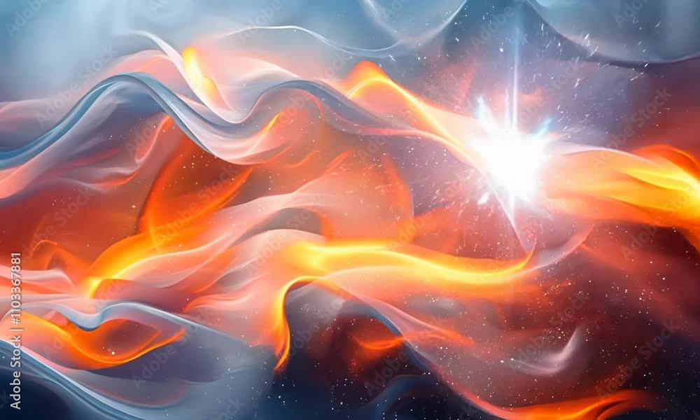 Poster abstract depiction of light and shadow, with contrasting tones and fluid shapes, creating a sense of