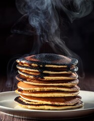 Pancakes with crispy, charred edges and dark spots, accompanied by rising smoke, highlighting the result of a breakfast mishap