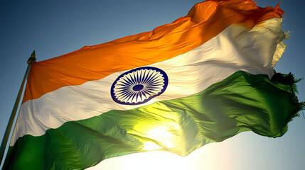 A close-up of the Indian tricolor flag fluttering gracefully against a clear morning sky, with sunlight gently illuminating the saffron