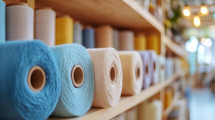 Colorful yarn spools neatly arranged on shelves.