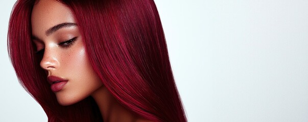 Naklejka premium A beautiful model showcases her sleek burgundy hair, exuding confidence and elegance in a minimalist setting that enhances her striking features