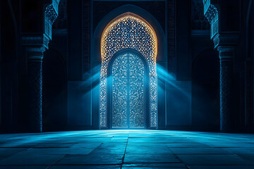 Arabic arch with backlighting, blue light rays shining through the doorway, with arabesque patterns on a dark background