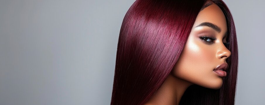 A stunning model showcases her sleek burgundy hair while posing elegantly against a neutral backdrop. Her captivating profile highlights beauty and confidence