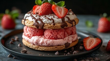 Strawberry ice cream sandwich with layers of strawberry sorbet and cookie-1