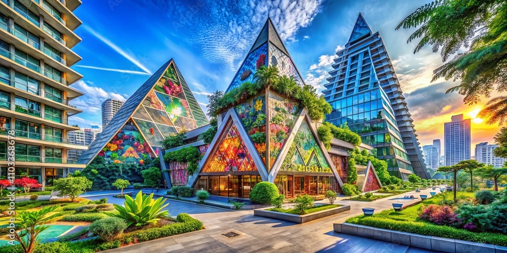 Poster architectural photography of the magical triangle with doodles and unique patterns creating an encha