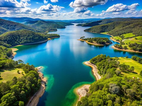 Aerial View of Lake Lyell Near Lithgow in Regional Australia Showcasing the Stunning Blue Waters Surrounded by Lush Green Forests and Rugged Terrain in a Perfectly Balanced Composition
