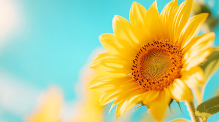 Obraz premium Bright Yellow Sunflower Against Radiant Blue Sky in Blurred Background