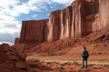 Stunning landscape featuring monumental rock formations. A lone traveler gazes in awe at the towering cliffs under a blue sky filled with clouds. Generative AI