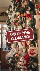 Holiday decorations displayed for end of year clearance sale at a merchant location welcoming customers during the festive season
