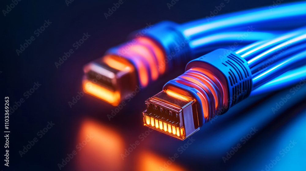 Poster vibrant ethernet cables with illuminated connectors on dark background for technology concepts