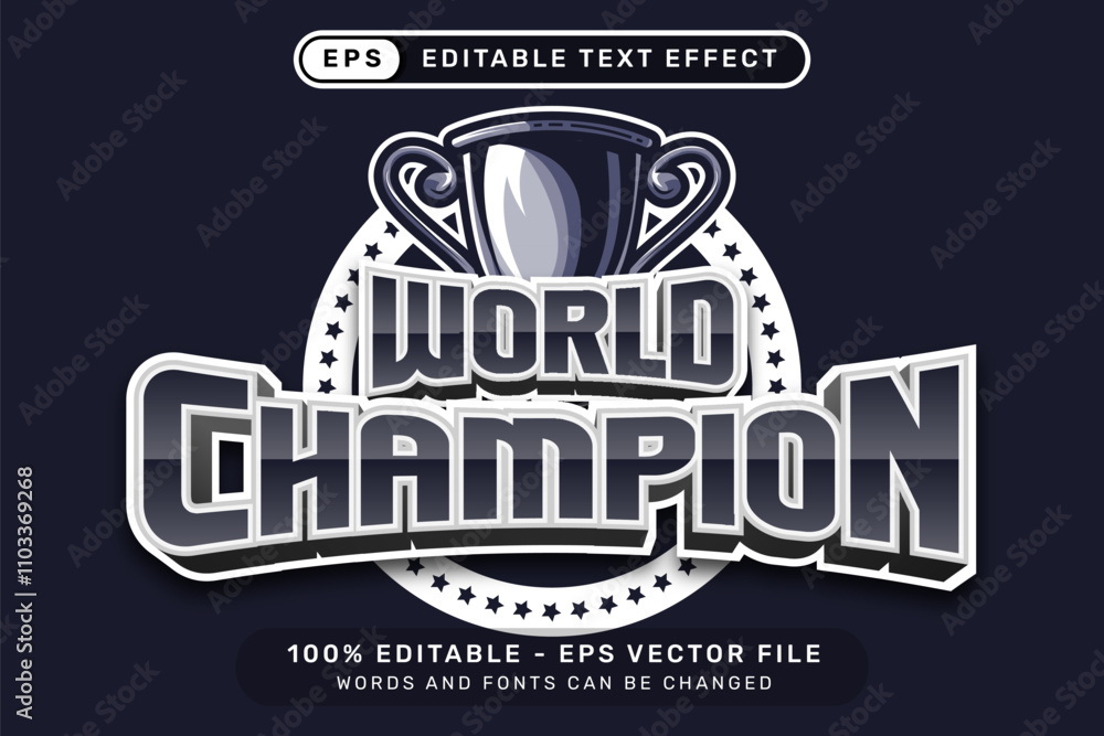 Poster world champion text effect and editable text effect with trophy and shield illustration