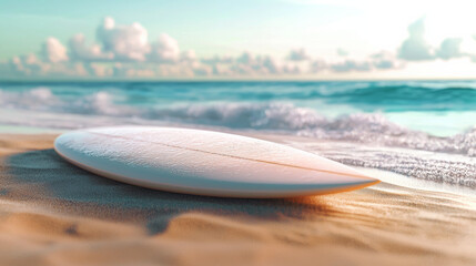 surfboard resting on sandy beach, ready for adventure in ocean waves. serene atmosphere and gentle waves create perfect setting for relaxation and fun