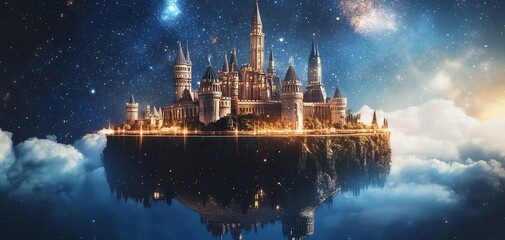 Majestic castle soaring above a futuristic city, stars illuminating the blend, science meets fantasy, breathtaking wonder