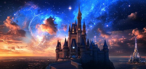 Fototapeta premium Majestic castle soaring above a futuristic city, stars illuminating the blend, science meets fantasy, breathtaking wonder