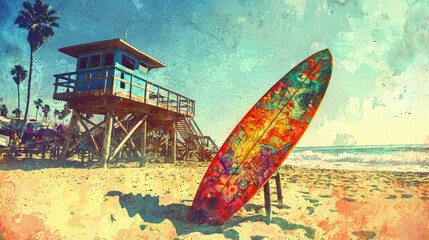 vibrant surfboard with bright designs leans against lifeguard tower on sunny beach. scene captures essence of summer fun and adventure by ocean