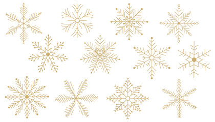 Snowflakes icons. Gold Snowflake collection isolated on white background. Vector Flat snow icons, silhouette. Nice element for Christmas banner, cards. New year ornament