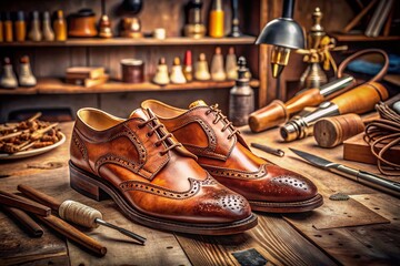 Artisan Shoemaking Craftsmanship: Double Exposure of Brogue Leatherwork Tools and Detailed Workshop Scenes for Authentic Handmade Footwear Creation