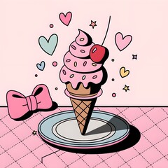 Doodle ice cream cone topped with pink frosting, sprinkles, and a cherry, hearts, stars, illustration