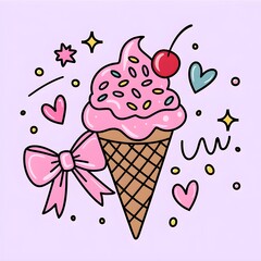 Doodle ice cream cone topped with pink frosting, sprinkles, and a cherry, hearts, stars, illustration