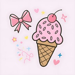 Doodle ice cream cone topped with pink frosting, sprinkles, and a cherry, hearts, stars, illustration