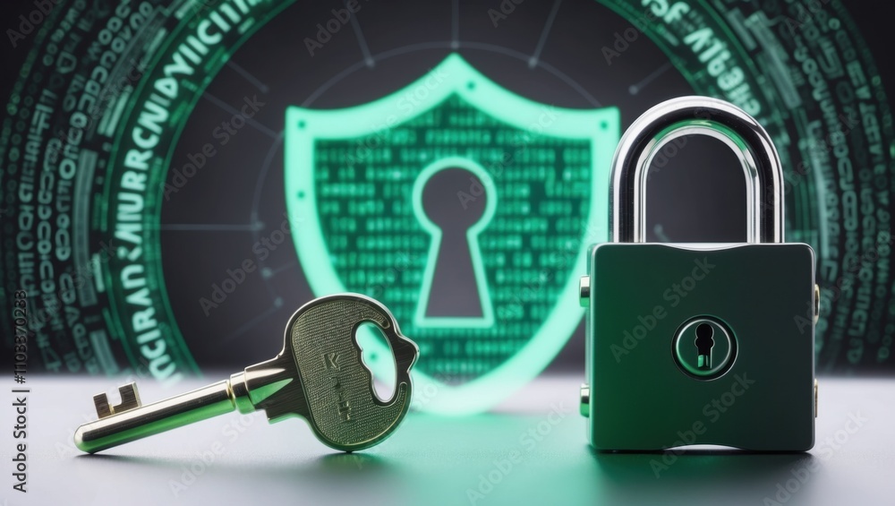 Poster key and lock shield in cybersecurity with digital background