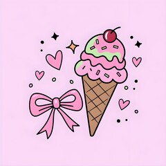 Doodle ice cream cone topped with pink frosting, sprinkles, and a cherry, hearts, stars, illustration