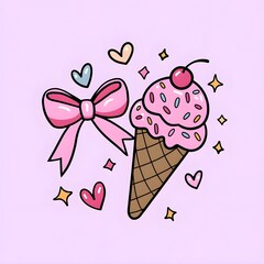 Doodle ice cream cone topped with pink frosting, sprinkles, and a cherry, hearts, stars, illustration
