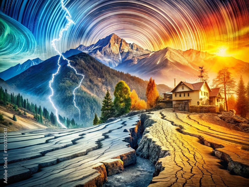 Poster Artistic Double Exposure of Compression Reverse Earthquake Concept with Abstract Elements and Doodle Sketches for Unique Visual Representation in Stock Photography
