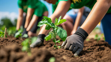 Close-Up of Hands Planting Seedlings in Soil during Community Gardening Activity in Nature