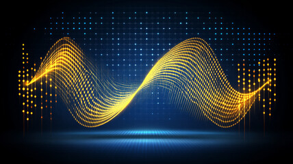 abstract background featuring golden wave pattern with glowing elements, set against dark backdrop. This design evokes sense of energy and movement, perfect for various creative projects