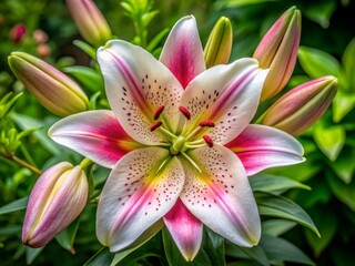 Fototapeta premium Aerial View of White and Pink Lily Lilium Timelapse Showing Budding Flower Stages in Nature, Perfect for Floral Art and Botanical Studies