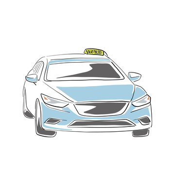 recommend clip art: Taxi car, isolated vector line art drawing illustration, transportation service