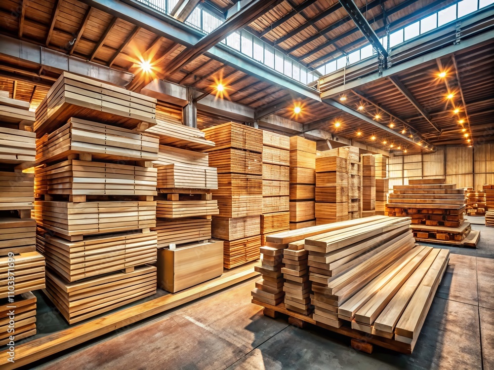 Poster a rustic view of wooden panels neatly stored inside a warehouse, highlighting the natural texture an