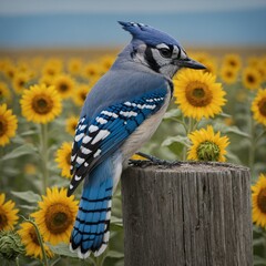 A blue jay resting on a fence post in a sunflower field.

