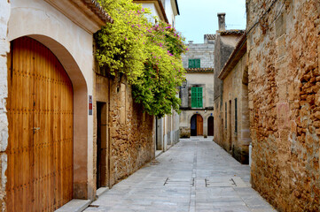 Obraz premium Scenic view of an old town street on Mallorca with plants and flowers hanging from the old brick walls