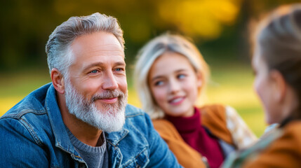 Fototapeta premium Family bonding moment in a sunny park with smiling man and joyful girls