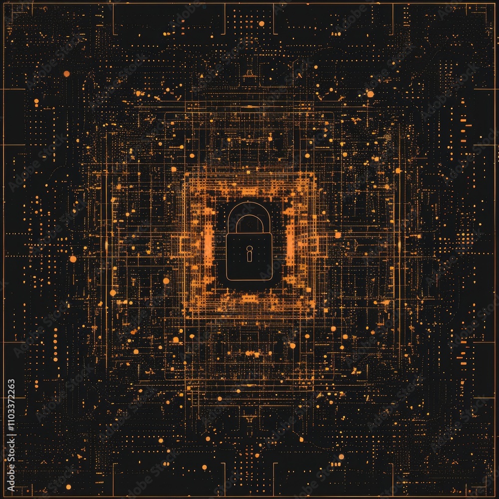 Poster a digital representation of cybersecurity featuring a padlock amidst a network of circuitry.