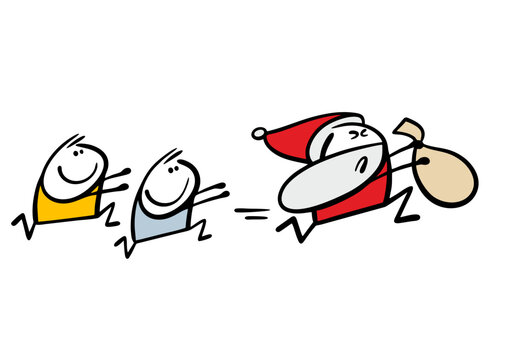 Scared Santa Claus is running away from the children at Christmas. Vector illustration of boys chasing an unhappy old man with a beard, they want to take away a bag of gifts for the new year. 