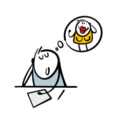 Cartoon teenager in love is sitting in a classroom at school and dreaming of a beautiful girl. Vector illustration of a stickman and a woman with big breasts. The man is distracted from work.