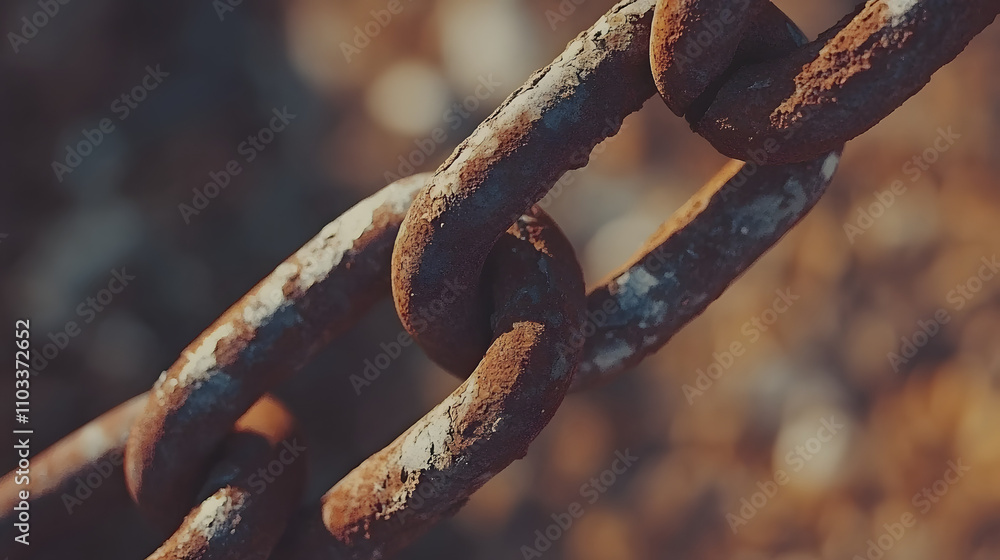 Poster close-up of a rusty chain, showing texture and detail. the blurred background emphasizes the chain's
