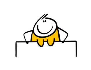 Hand drawn woman with big breasts draws attention to the advertisement. Vector illustration of  banner with an empty space for your text and advertising. Isolated pretty character on white background.