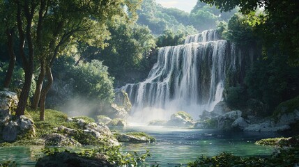 Majestic waterfall cascading down rocky cliffs into a serene pool surrounded by lush greenery and trees.
