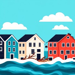 Coastal town flooded by rising sea levels.