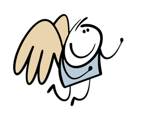 Cartoon  happy boy made wings out of feathers. Vector illustration of a stickman flying in the sky. An angel in heaven. Isolated funny hand drawn angel white background.