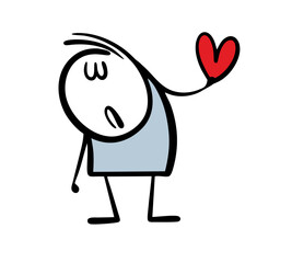 Cartoon unhappy man is sad, closed his eyes and gives his heart. Vector illustration of the torment and suffering of unrequited love. Isolated doodle character on white background.